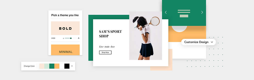 Головна сторінка інтернет-магазину спортивних товарів, створеного за допомогою Wix ADI, та функції налаштування дизайну, вибору теми та зміни кольору, доступні на Wix ADI.