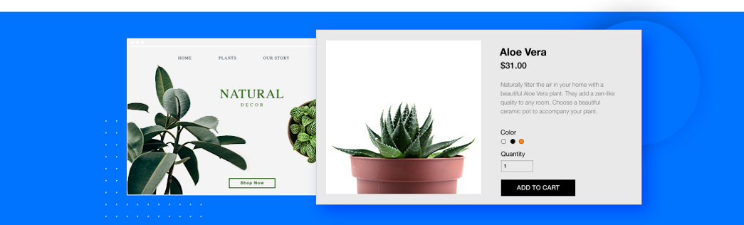 Головна сторінка інтернет-магазину натурального декору, створена за допомогою Wix Stores, та сторінка товару Алое Вера.