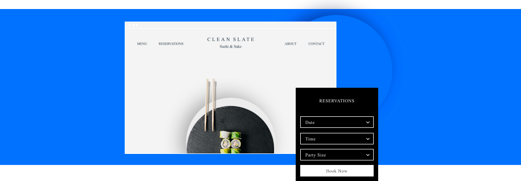Головна сторінка сайту ресторану, створеного за допомогою Wix Restaurants, та форма бронювання.
