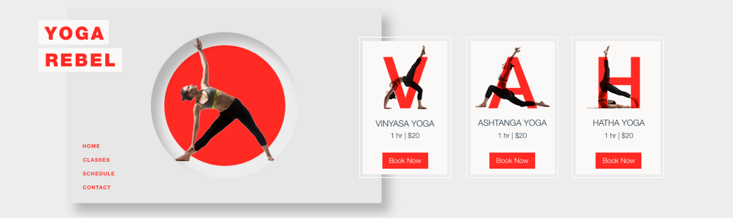 Головна сторінка сайту студії йоги, створеного за допомогою Wix Bookings, і три різні заняття з йоги, які пропонує сайт.
