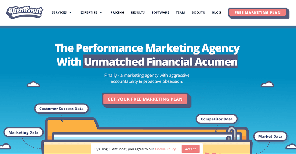 An example of the website for KlientBoost, featured in The Best CRO Agencies for Growing SaaS Companies and DTC Brands.