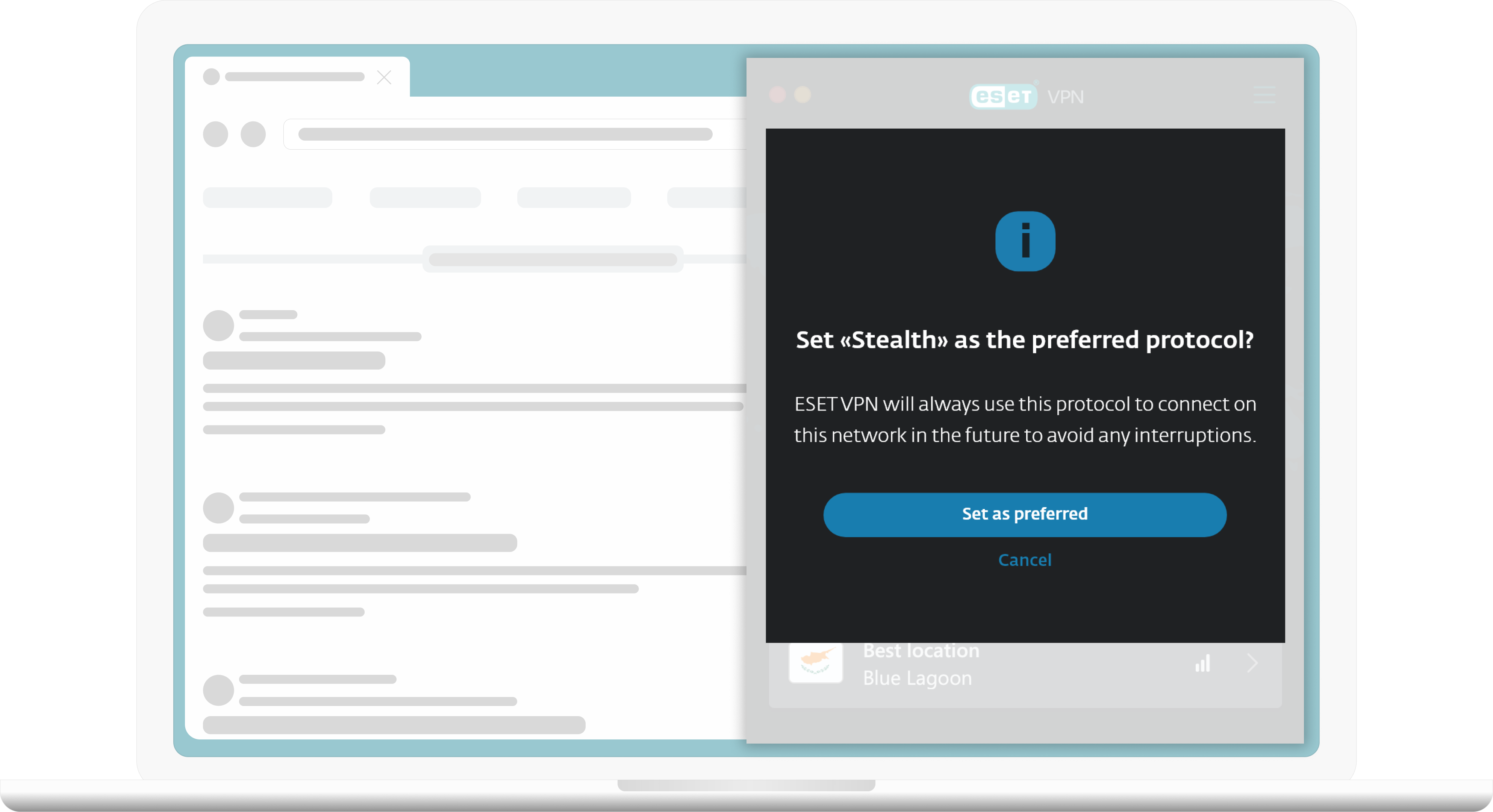 A laptop screen displaying the stealth mode feature of ESET's VPN, designed to enhance privacy and security by making the user's online activity less detectable. A laptop screen displaying the stealth mode feature of ESET's VPN, designed to enhance privacy and security by making the user's online activity less detectable.