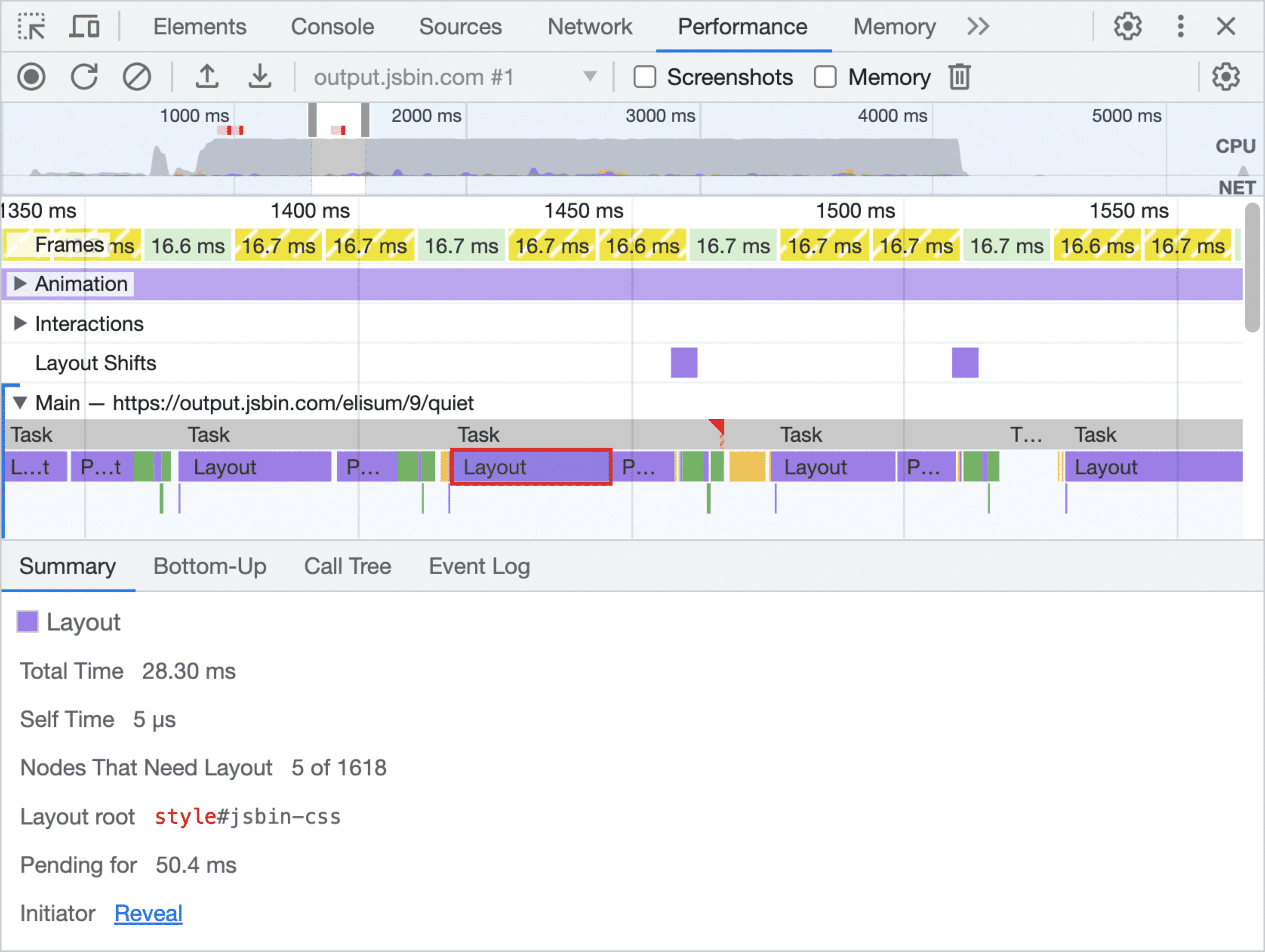 DevTools ที่แสดงบล็อกเลย์เอาต์สีม่วงหลายรายการ