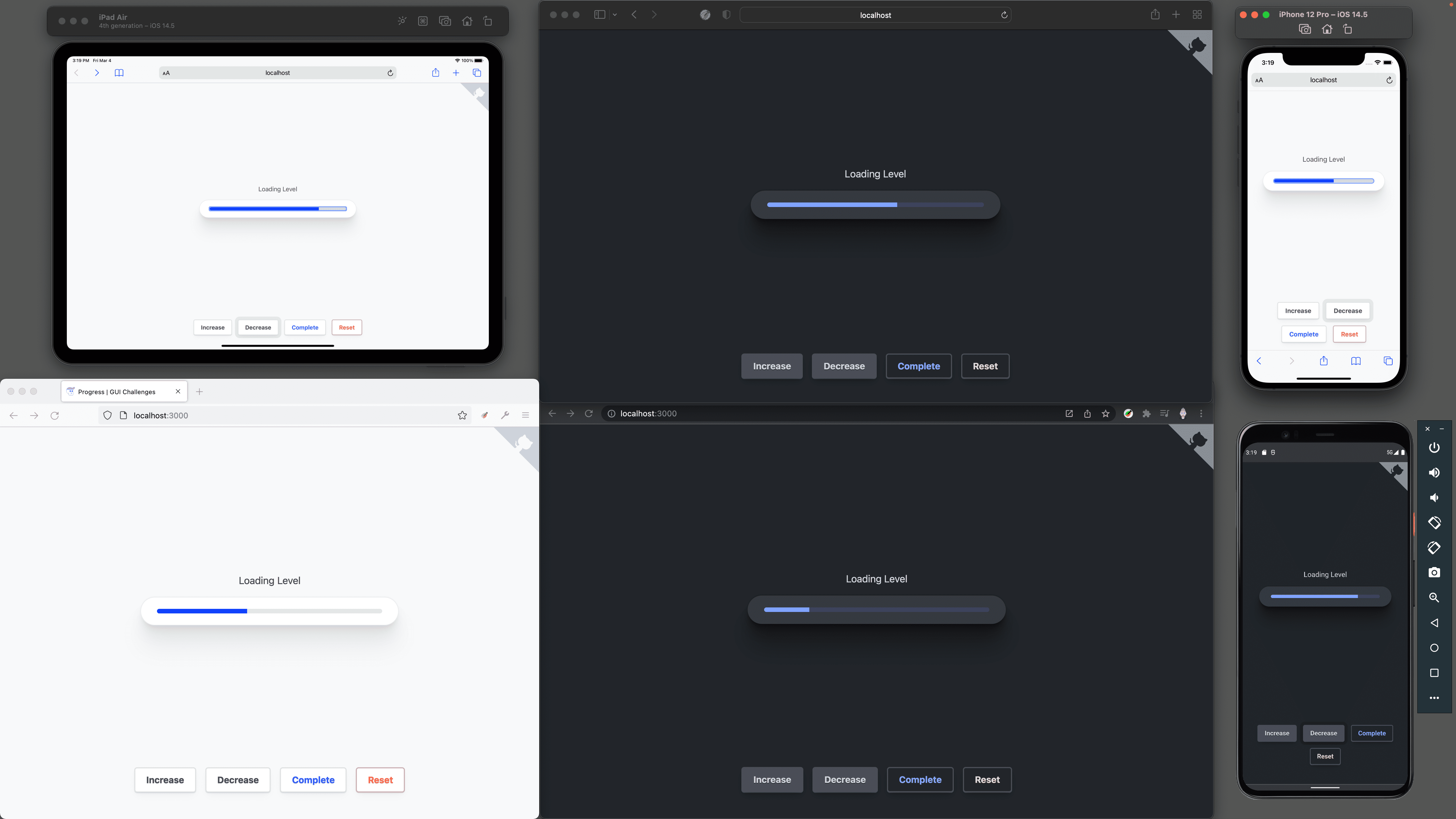 调试角的屏幕截图，其中显示 Safari、iOS Safari、Firefox、Chrome 和 Android 版 Chrome 的加载栏均在正常运行。