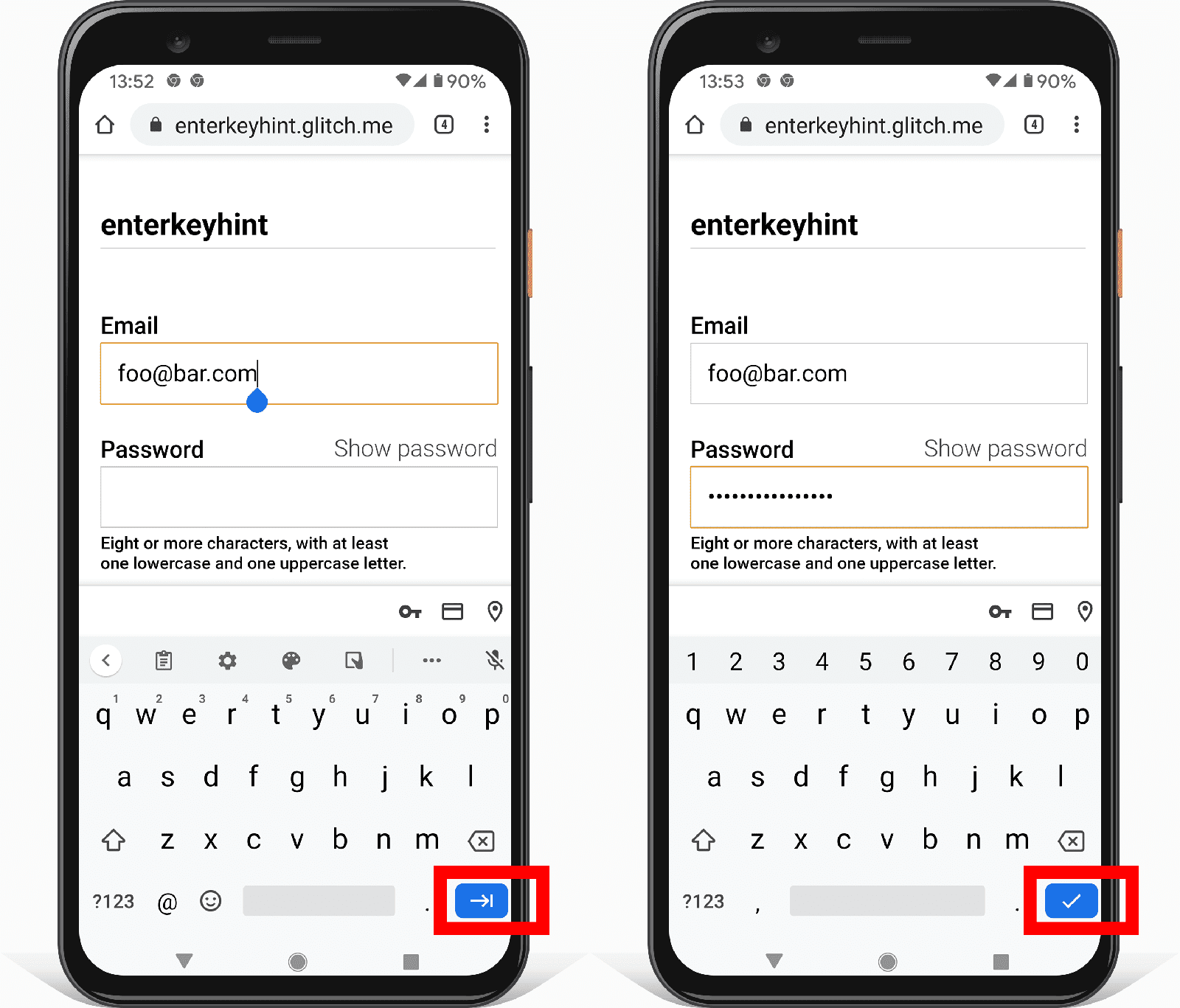 兩張 Android 裝置上的地址表單螢幕截圖，顯示 enterkeyhint 輸入屬性如何變更 Enter 鍵按鈕圖示。
