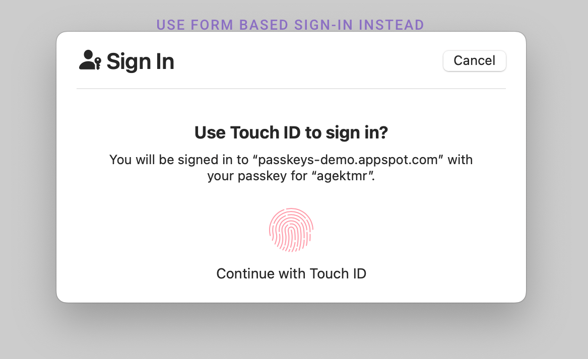 macOS의 iCloud 키체인에 있는 사용자 인증 대화상자의 스크린샷 대화상자는 사용자에게 Touch ID를 사용하여 로그인하라는 메시지를 표시하고 인증을 요청하는 출처와 사용자 이름을 표시합니다. 대화상자의 오른쪽 상단에 &#39;취소&#39; 버튼이 있습니다.