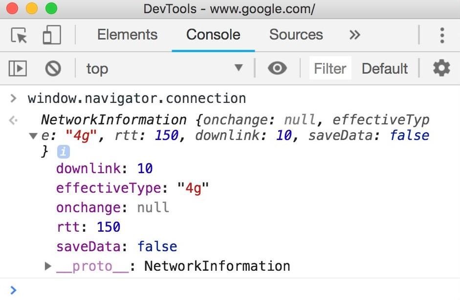 navigator.connection オブジェクトのプロパティの値を表示する Chrome DevTools コンソール