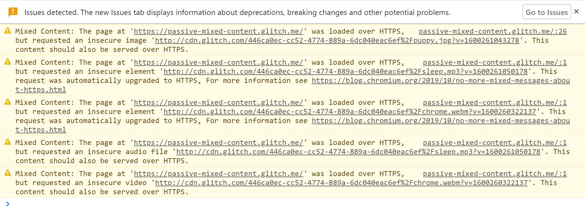 혼합 콘텐츠가 감지되고 업그레이드될 때 표시되는 경고를 보여주는 Chrome DevTools