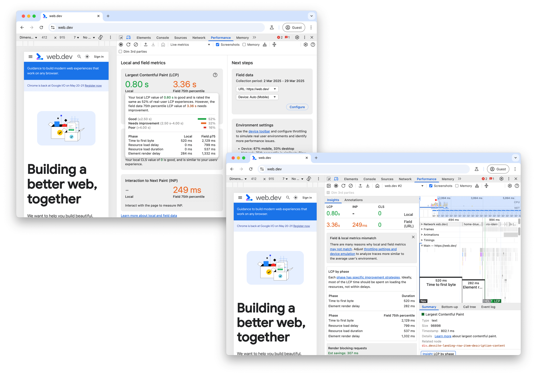 LCP local et sur le terrain dans le panneau &quot;Performances&quot; des outils pour les développeurs Chrome