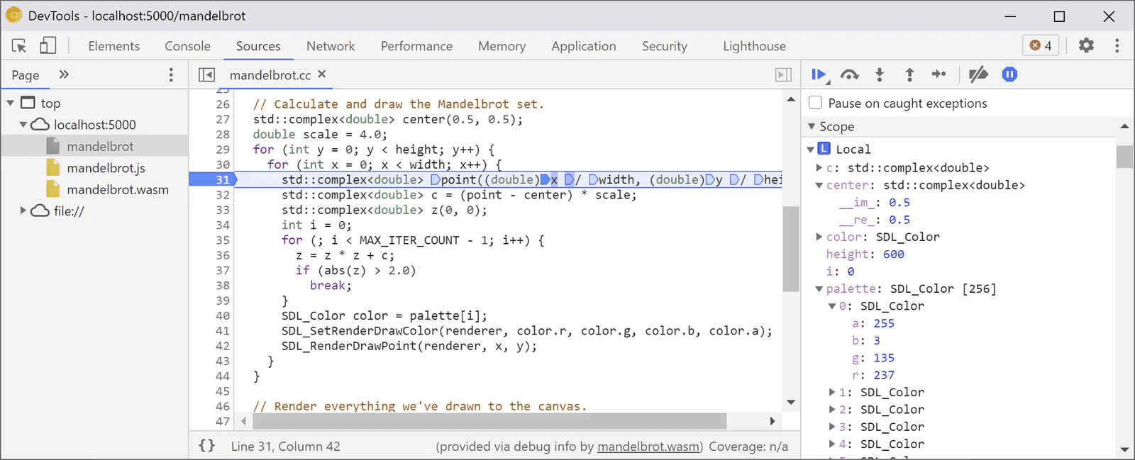 ניפוי באגים ב-WebAssembly בכלי הפיתוח, שבו מוצגים נקודות עצירה בקוד כדי שאפשר יהיה לעבור דרכן.