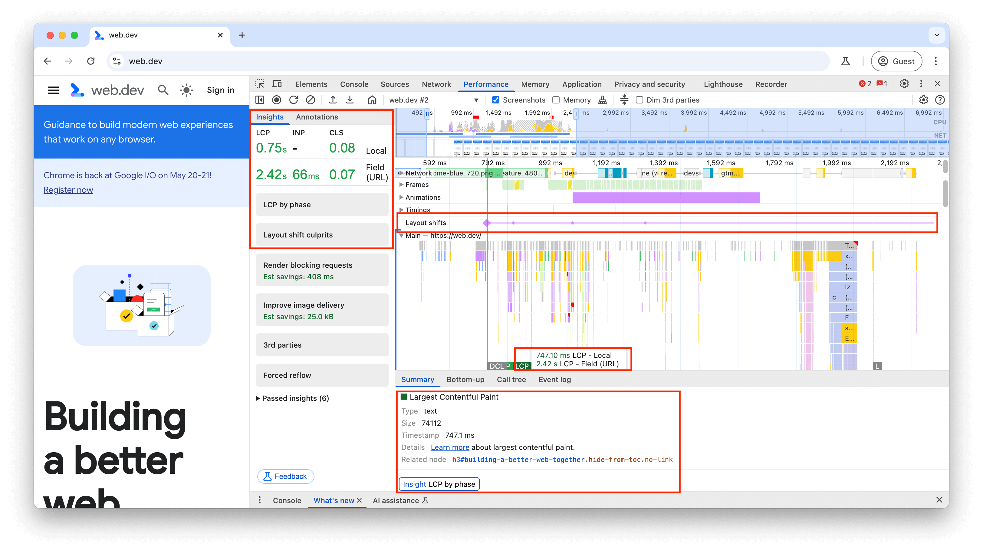 긴 작업이 강조 표시된 플레임 차트를 보여주는 Chrome DevTools 성능 패널 트레이스