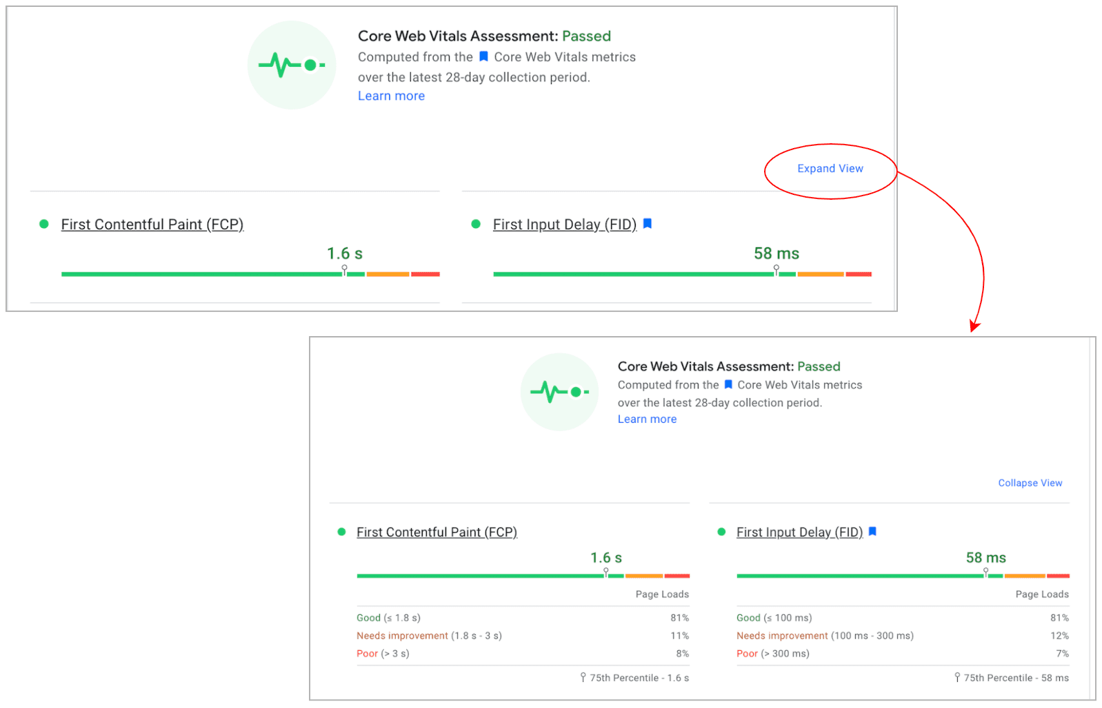 Tampilan yang baru diperluas dengan perincian untuk metrik data kolom.
