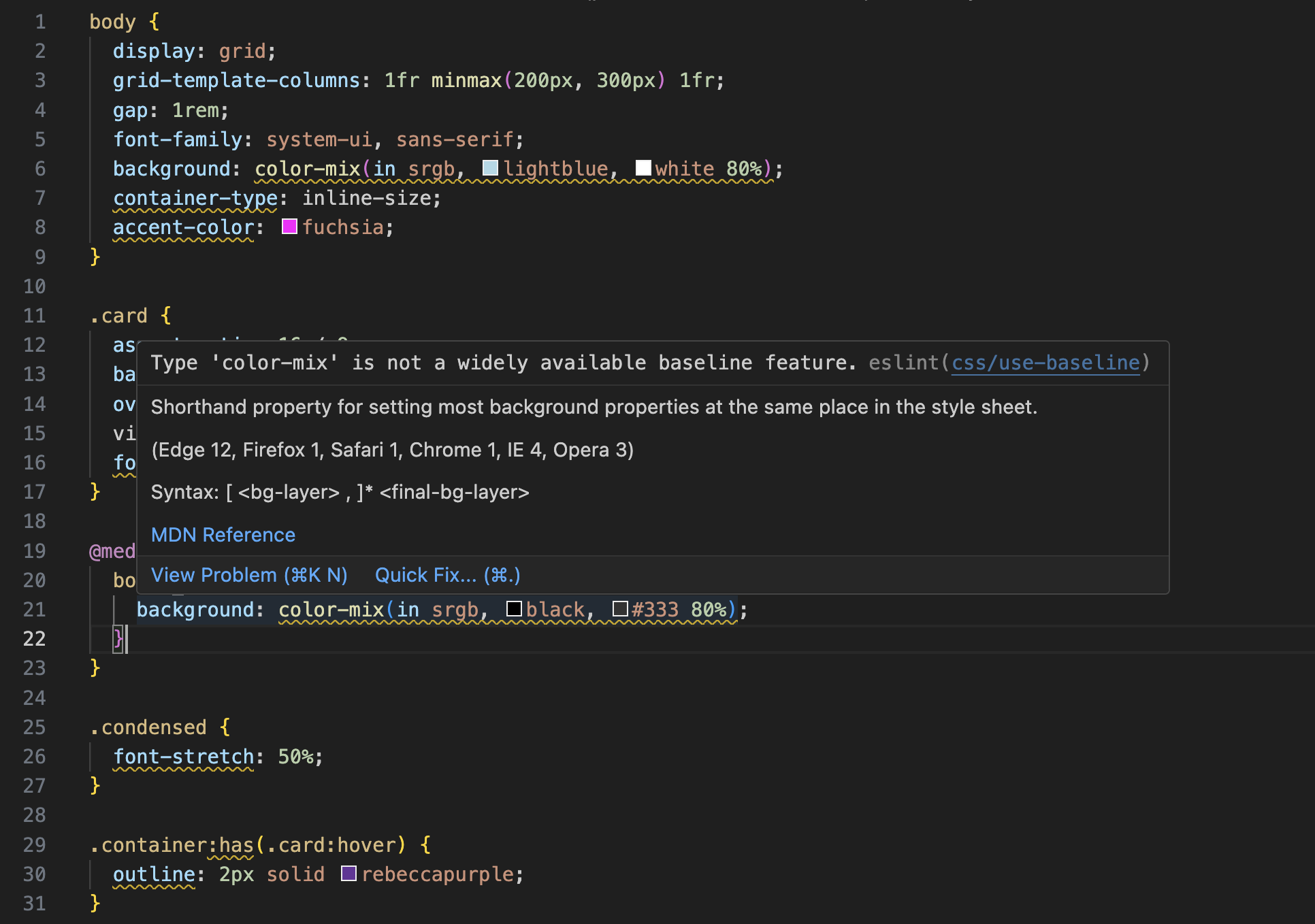 ปลั๊กอิน ESLint ที่ใช้ใน VSCode ซึ่งแสดงขีดล่างในฟีเจอร์ที่อยู่นอกเป้าหมายของข้อมูลพื้นฐาน
