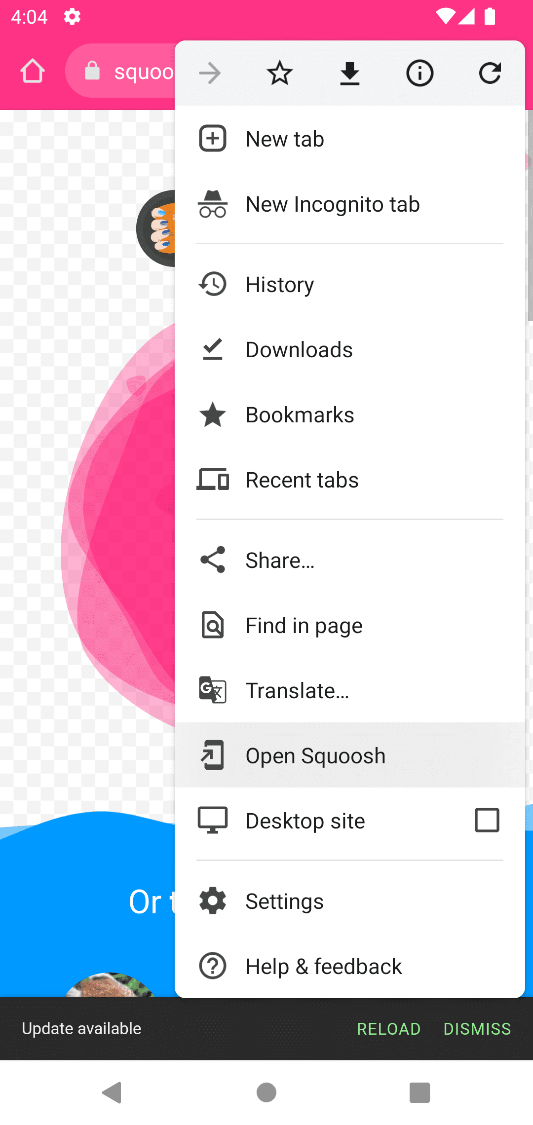 Android 版 Chrome 会显示菜单项，以便在 PWA 窗口中打开新导航栏。
