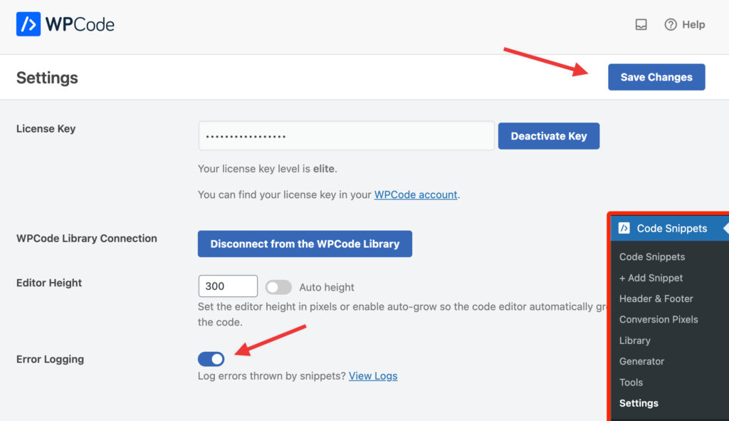 error logging wpcode