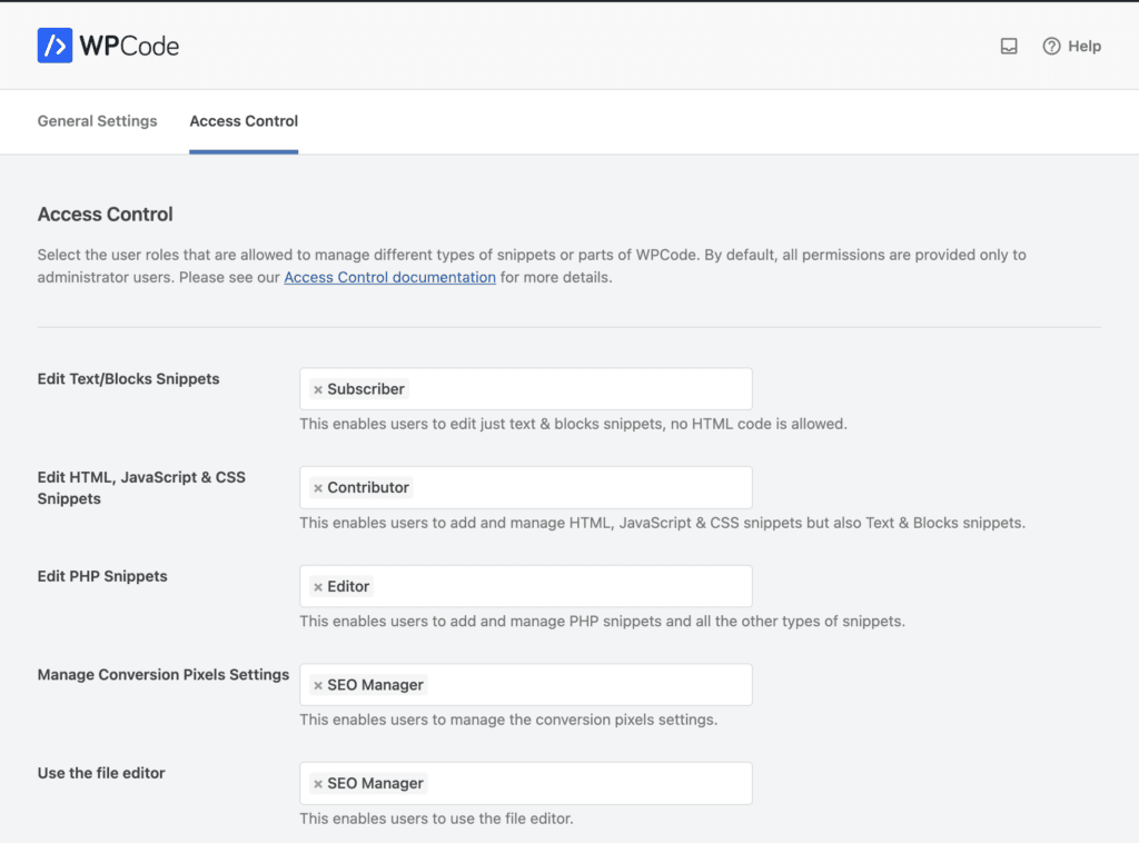 wpcode access control settings