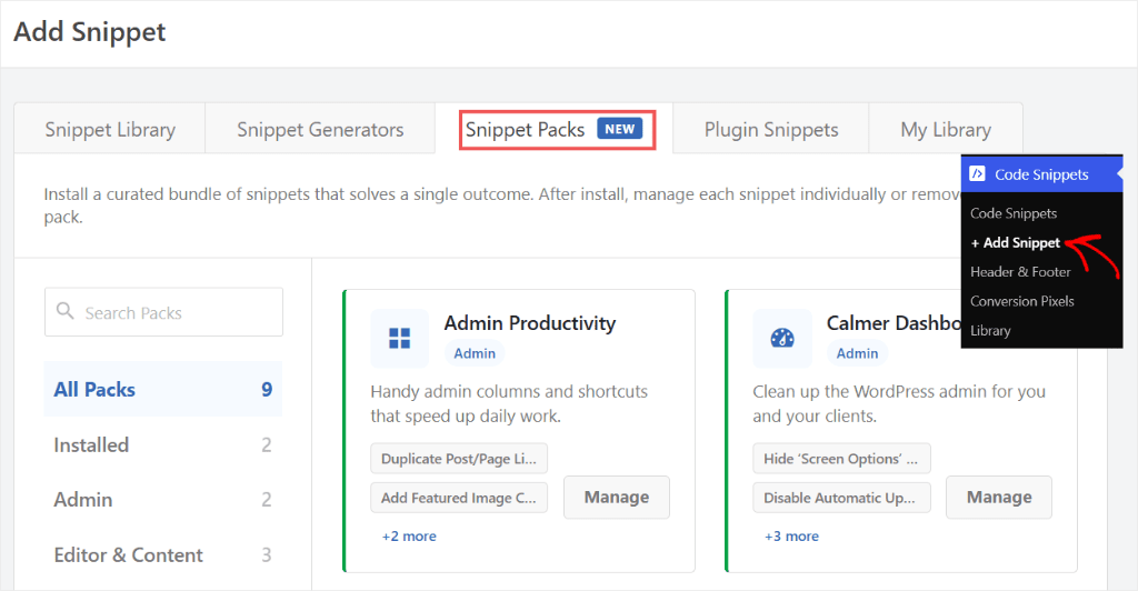 wpcode snippet packs location