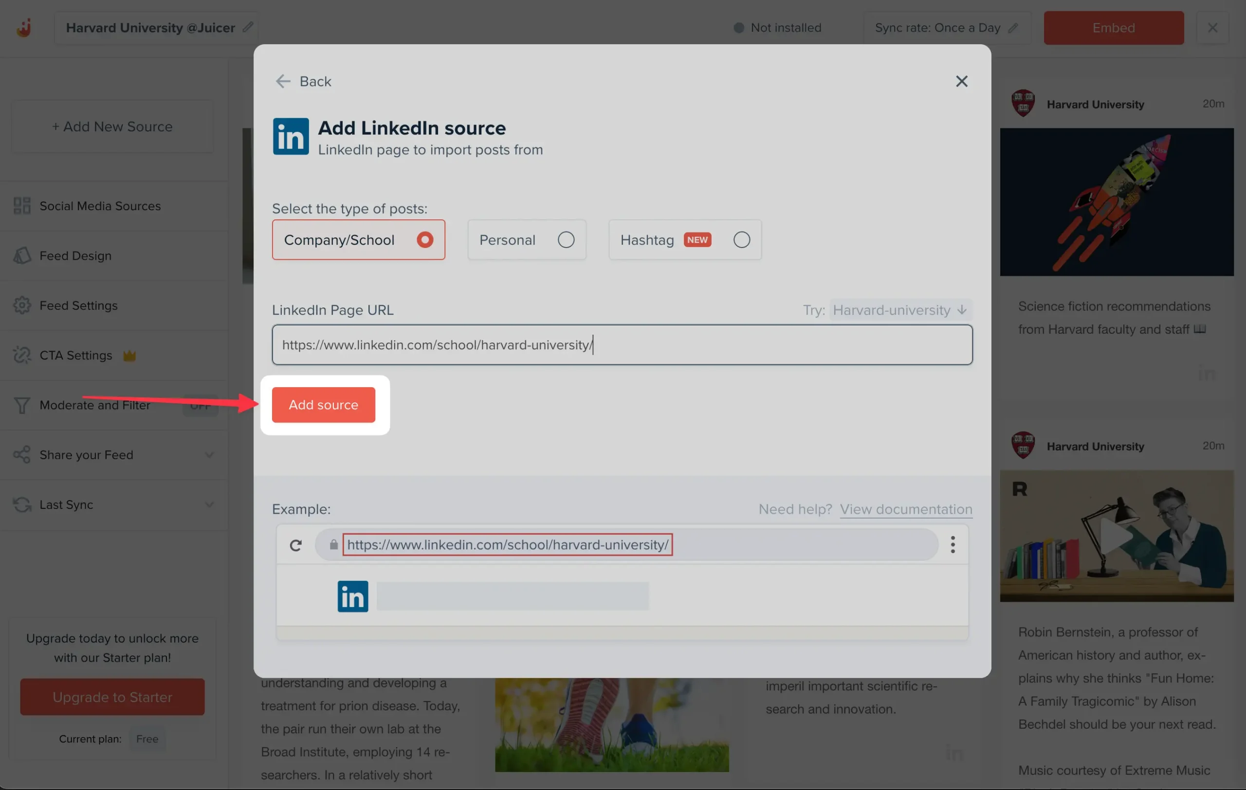Embed LinkedIn feed on your website - click to add - Step 4