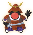 Illustration of a round character wearing traditional samurai armor and helmet on an orange background, waving with one hand.