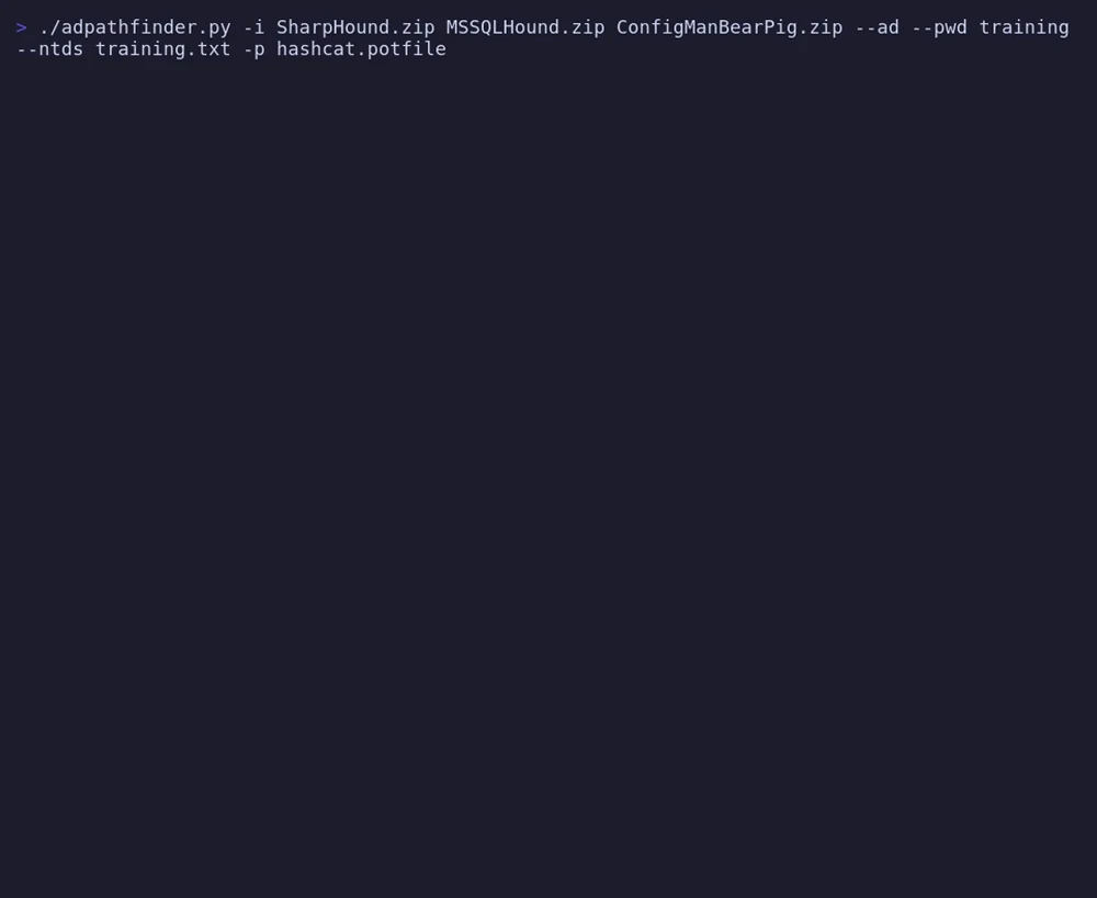 ADPathFinder demo showing grouped findings and attack path details in the generated report