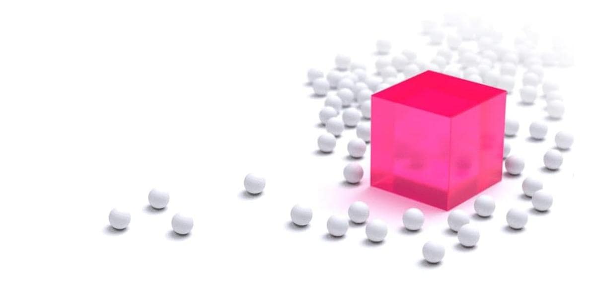 white balls representing data with larger pink cube in middle representing one best answer