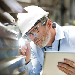 Man wearing hard hat inspecting equipment
