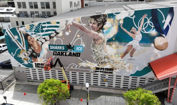 EBT-L-LIUMURAL-0416-9 A drone view of artist Julie Engelmann’s nearly-completed mural of Olympic gold medal figure skaters Alysa Liu and Kristi Yamaguchi at the Oakland Ice Center in Oakland, Calif., on Wednesday, April 15, 2026. Engelmann, of Half Moon Bay, has worked on the mural since late March. (Jane Tyska/Bay Area News Group)