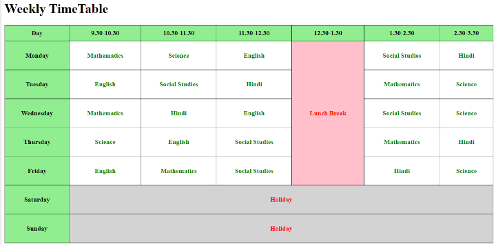 html timetable schedule displaying days of the week and time slots arranged in a structured table format